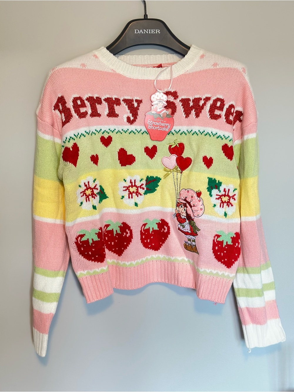 Strawberry Shortcake Berry Sweet Patch Knit Crew Neck Sweater Size S NWT